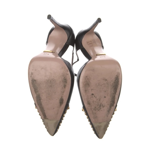 GUCCI Coline black leather gold studded pointed toe Mary Jane T-strap heels - Picture 4 of 5